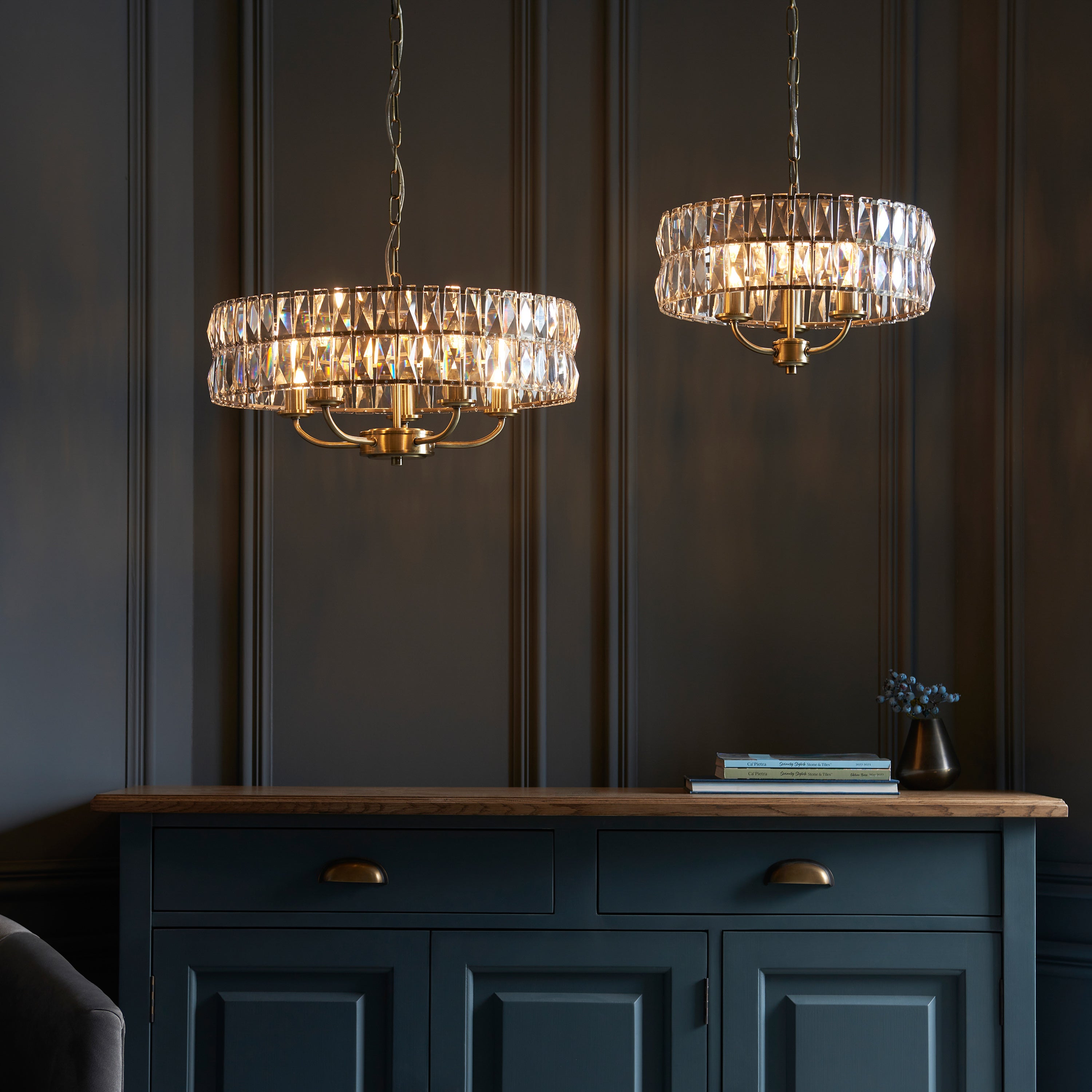 Albion Antique Brass & Crystal Glass Pendant Light | Large